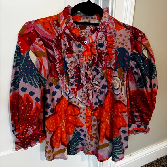 Farm Rio, Colorful Ruffled Floral Blouse, Size Small - Picture 1 of 2